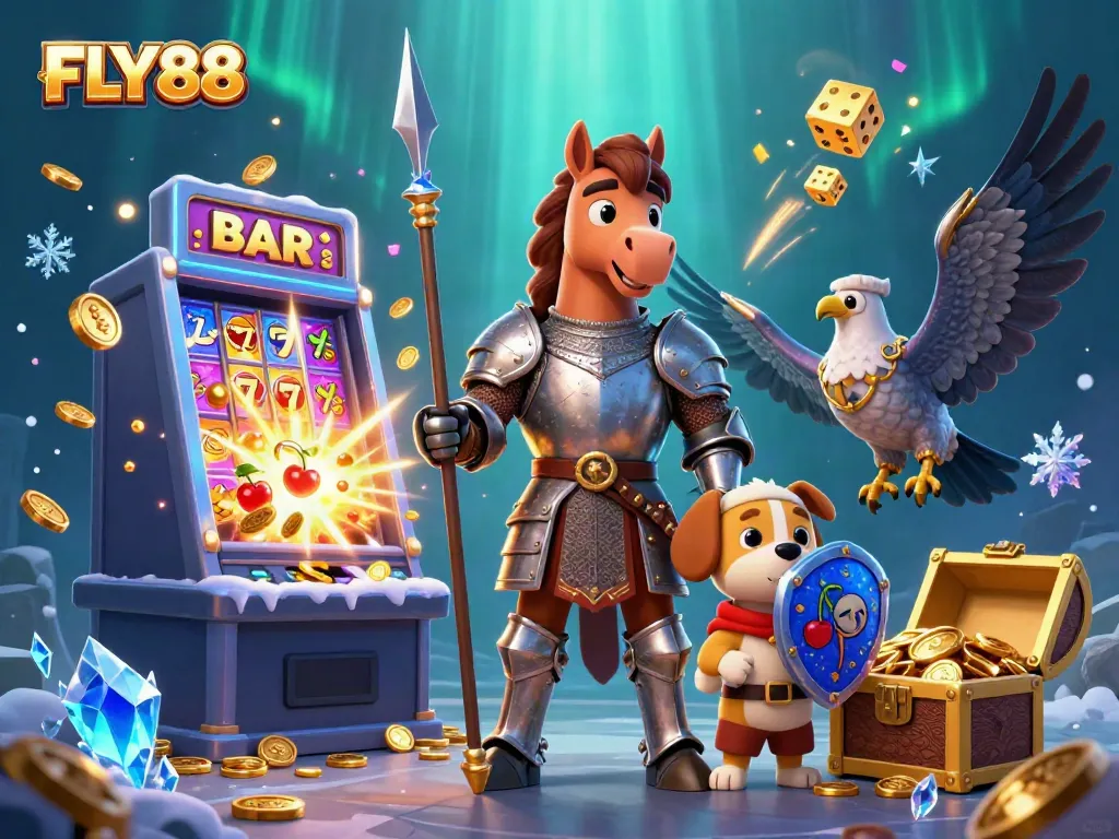 Experience the thrill of FLY88's vibrant casino adventure with knights and gold-filled jackpots.