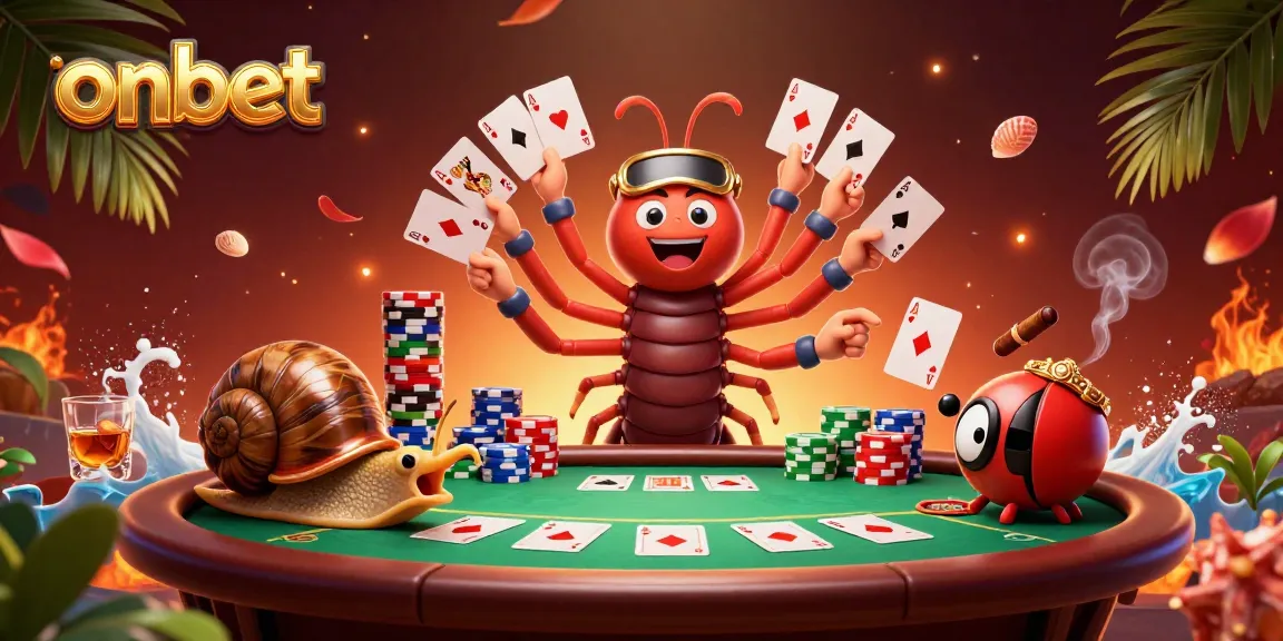 Join the action at onbet with a vibrant poker scene featuring colorful chips and lively characters.