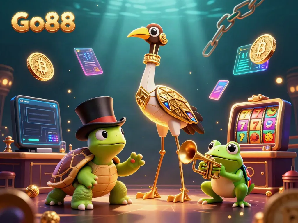 Engage in thrilling online gaming with Go88, featuring colorful characters and dynamic casino elements.