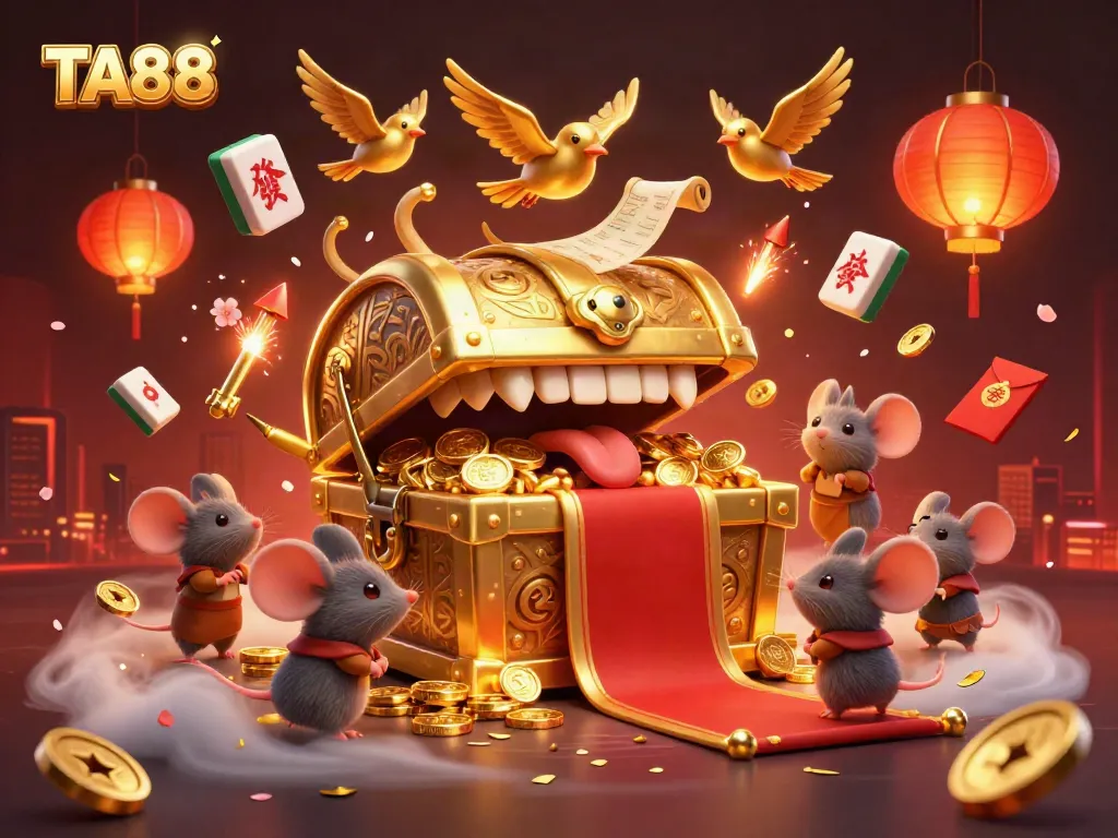 Experience the excitement at TA88 with a dynamic casino scene showcasing golden treasures and vibrant symbols of luck.