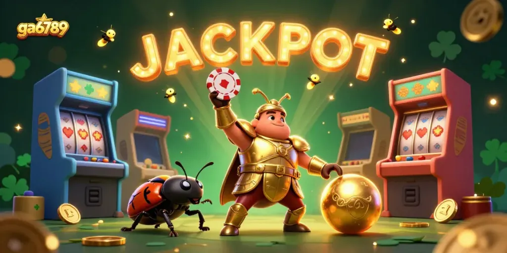 Interact with ga6789's immersive gaming world featuring a hercules beetle celebrating a jackpot victory.