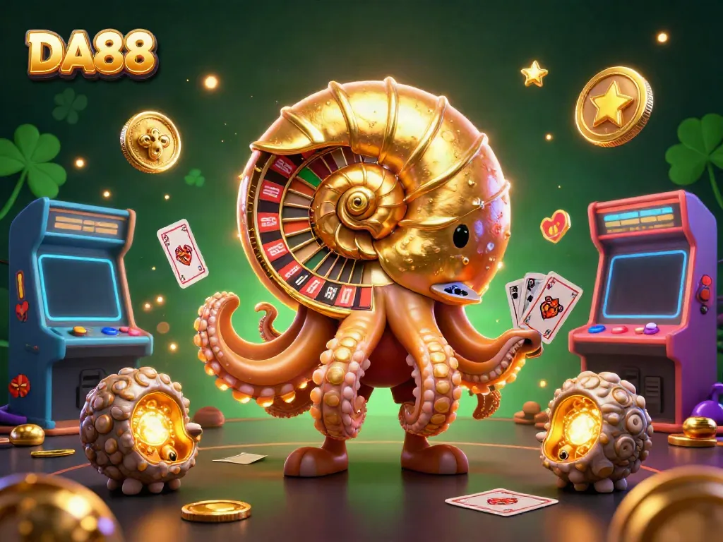 Experience thrilling gaming with DA88's 3D cartoon casino scene featuring a vibrant nautilus roulette wheel.