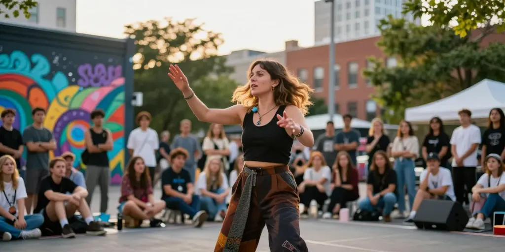 Brianna Lyman age and height showcased during a vibrant urban performance, captivating audience in artistic expression.