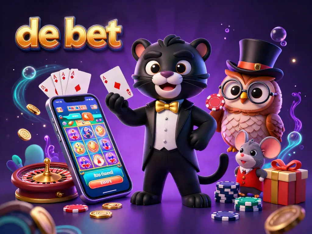 Experience thrilling gaming action at de bet with a stylish panther dealing cards and vibrant slot games.
