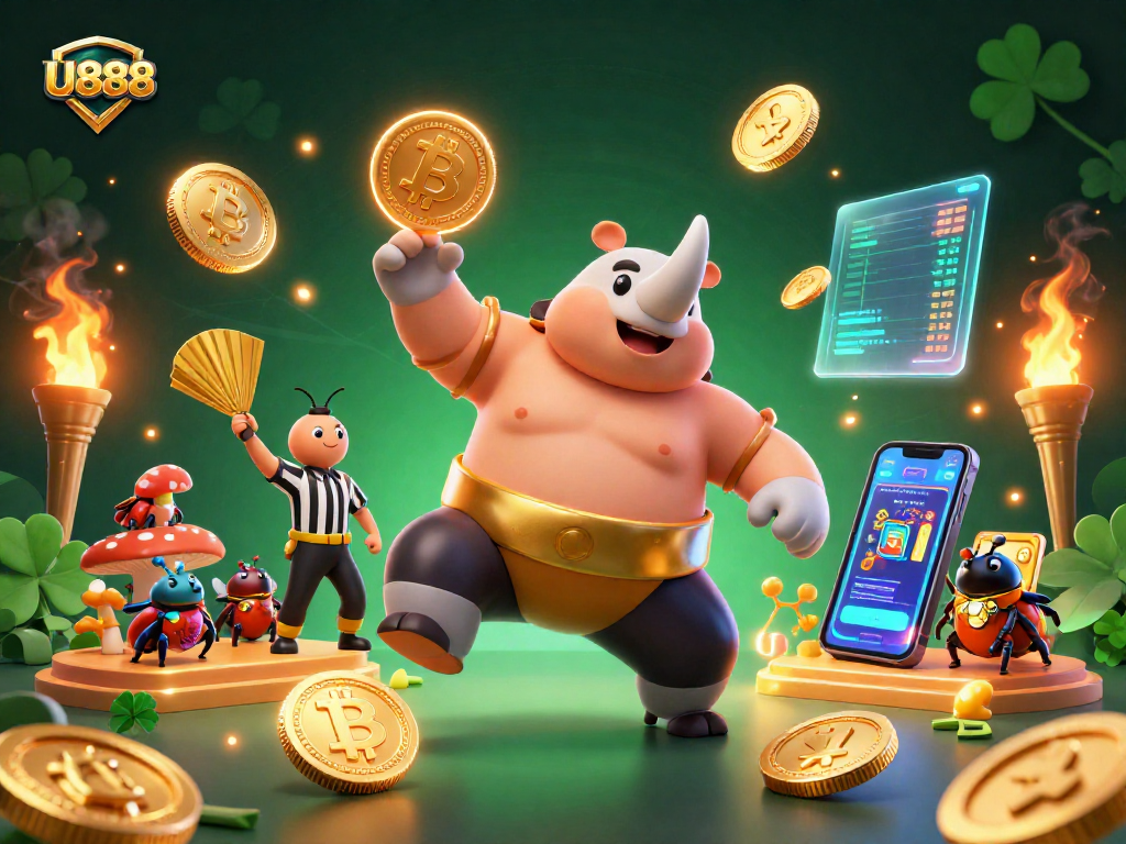 Engage with U888 through a dynamic 3D illustration featuring a beetle sumo champion amidst glowing cryptocurrency elements.