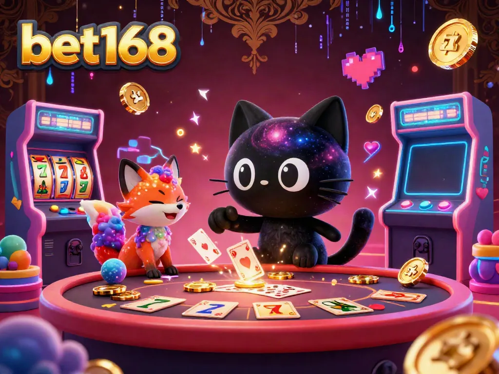 Engage with thrilling slots at bet168's cosmic casino, featuring colorful characters and vibrant game elements.