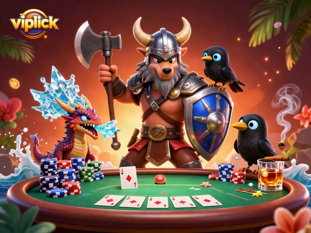 Win big with VipLuck in a vibrant casino scene featuring poker elements and colorful characters.