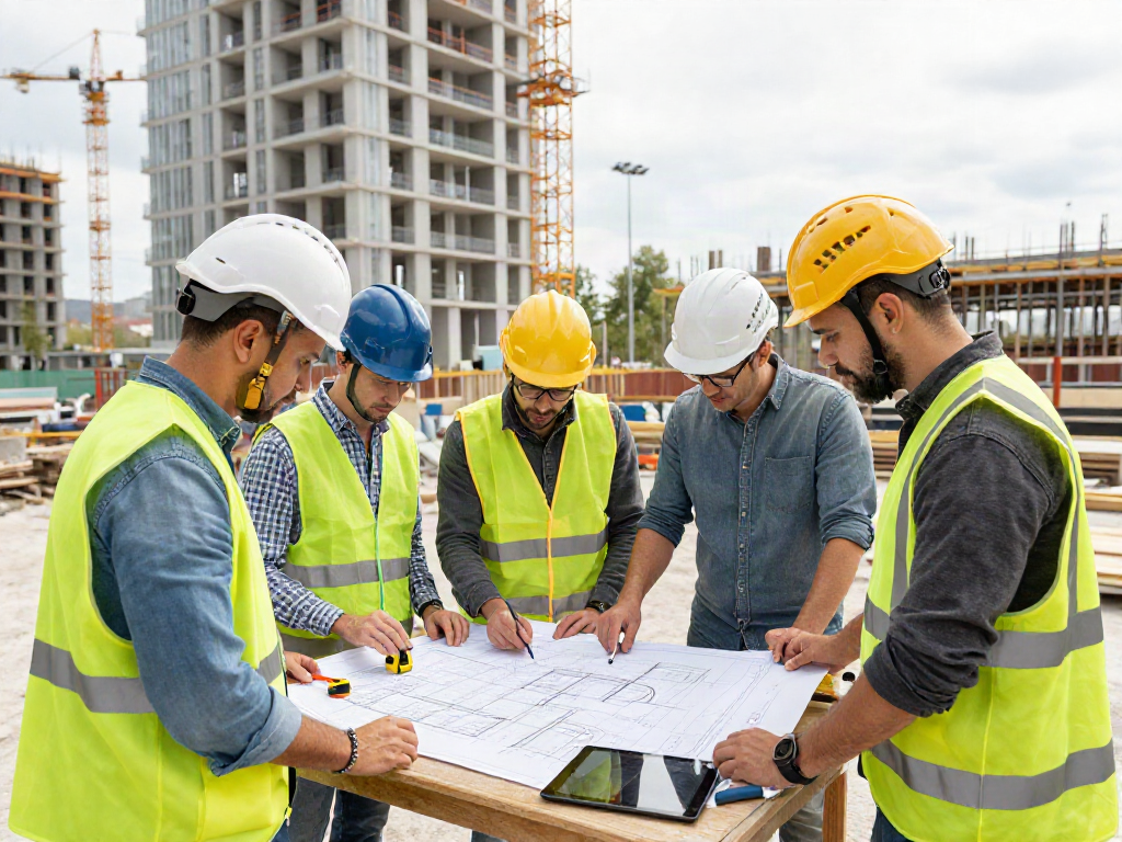 Bauunternehmen Wien: Team von Bauarbeitern und Architekten bei der Planung eines Wohnprojekts auf einer modernen Baustelle in Wien