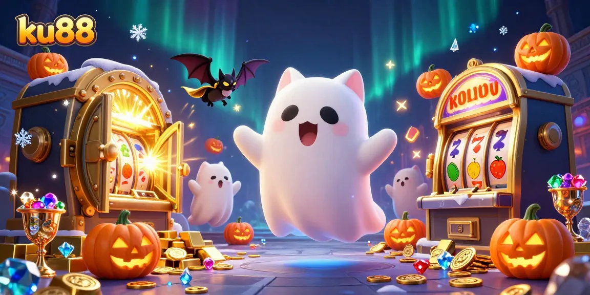 ku88 showcases a haunted casino scene with a friendly ghost cat and treasure-filled elements.