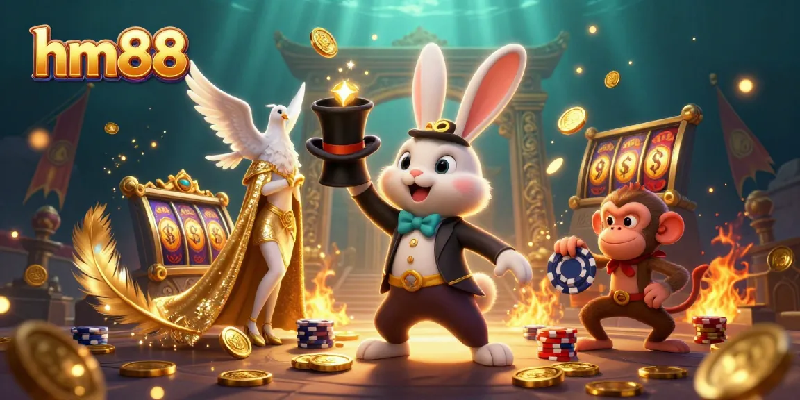 Experience the thrill of casino action at hm88, featuring a magician rabbit and poker chips!