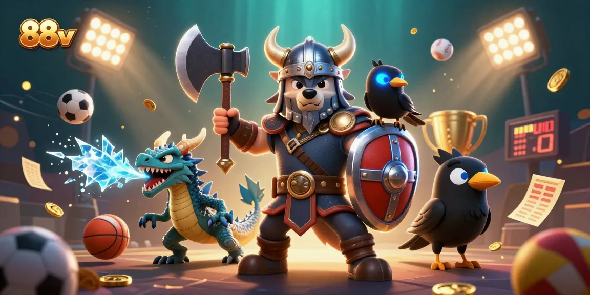 Experience thrilling gameplay with 88vv, featuring a Viking wolf warrior, dragon, and sports elements in a vibrant scene.