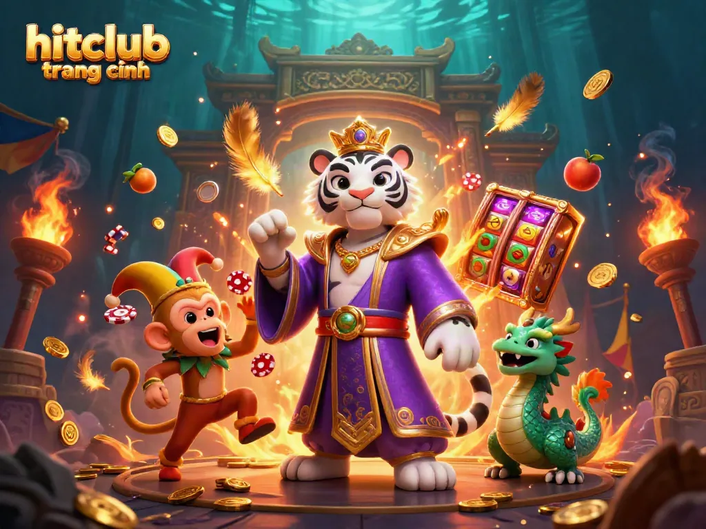 Experience hitclub trang chính with lively characters and dynamic casino elements in this vibrant illustration.