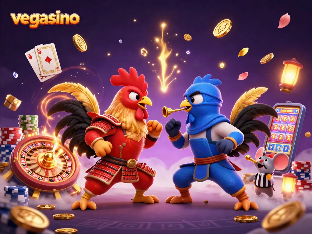 Experience the excitement of vegasino with epic rooster battles and vibrant casino elements.