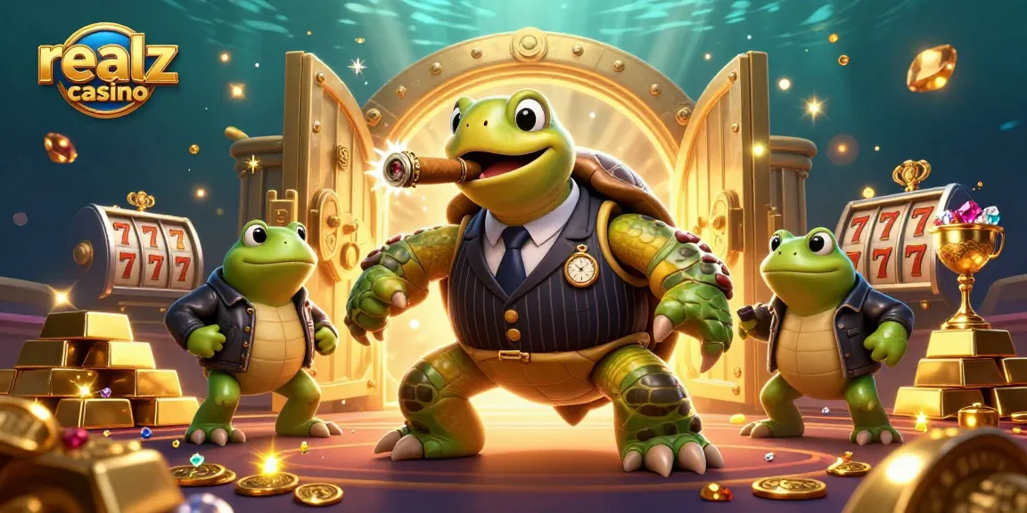 Play exciting games at Realz Casino with a vibrant 3D scene featuring a snapping turtle and bullfrog enforcers.