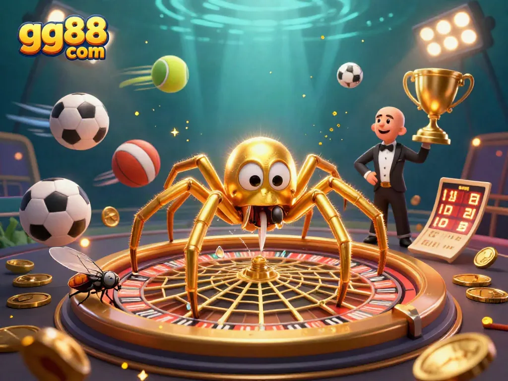 Engaging 3D spider spins a roulette web while a nervous fly places bets at gg88 com.