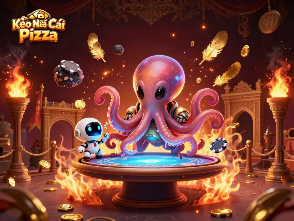 Kèo Nhà Cái Pizza showcases a cartoon octopus in a space suit engaging in vibrant game action.