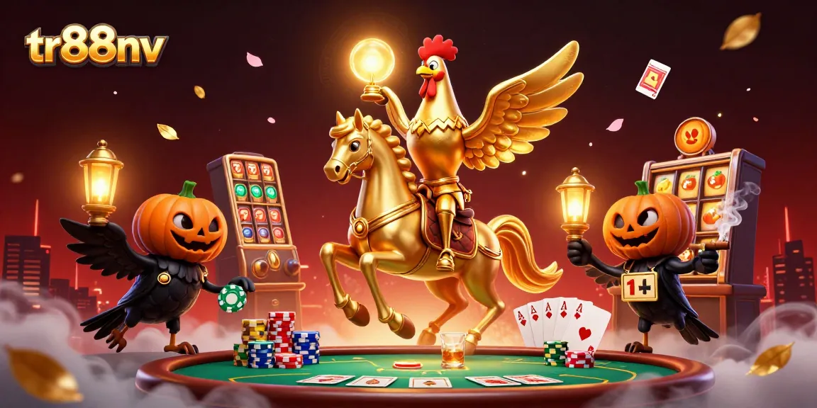 Engage with thrilling moments at tr88nv, where the golden rooster and mystical companions play in a vibrant casino scene.