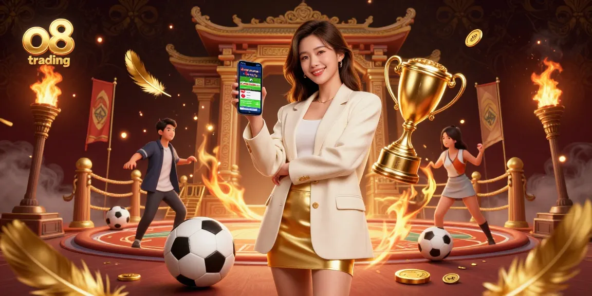 Bet on o8 trading with a vibrant scene of sports betting, showcasing characters, tokens, and dynamic effects.