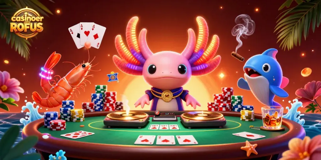 Experience thrilling games at casinoer uden ROFUS with lively characters spinning, playing poker, and dancing in a vibrant scene.