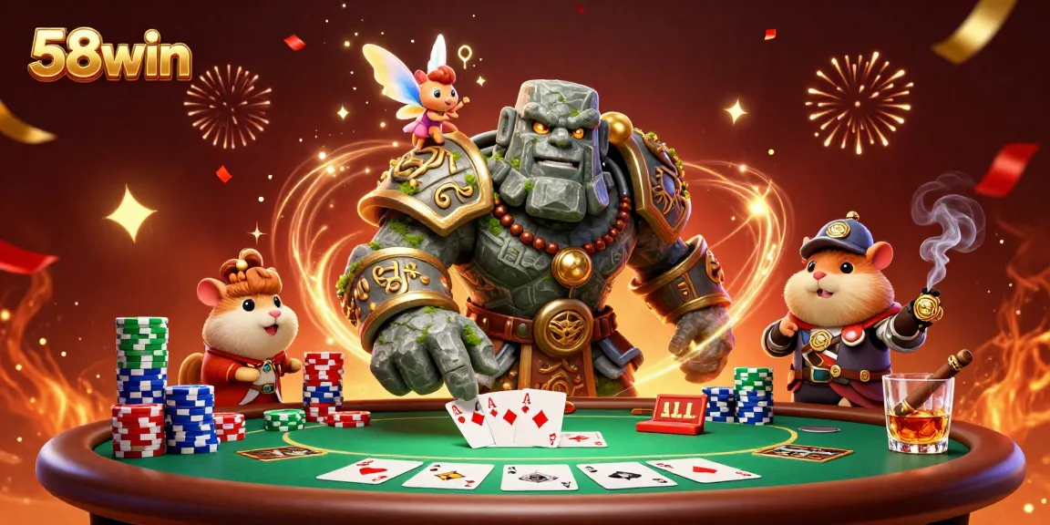 Engaging scene of 58win with a stone golem, fairy, and hamster knight at a poker table.