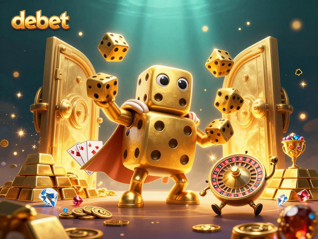Experience the excitement of debet with a whimsical golden dice golem and dazzling casino treasures.