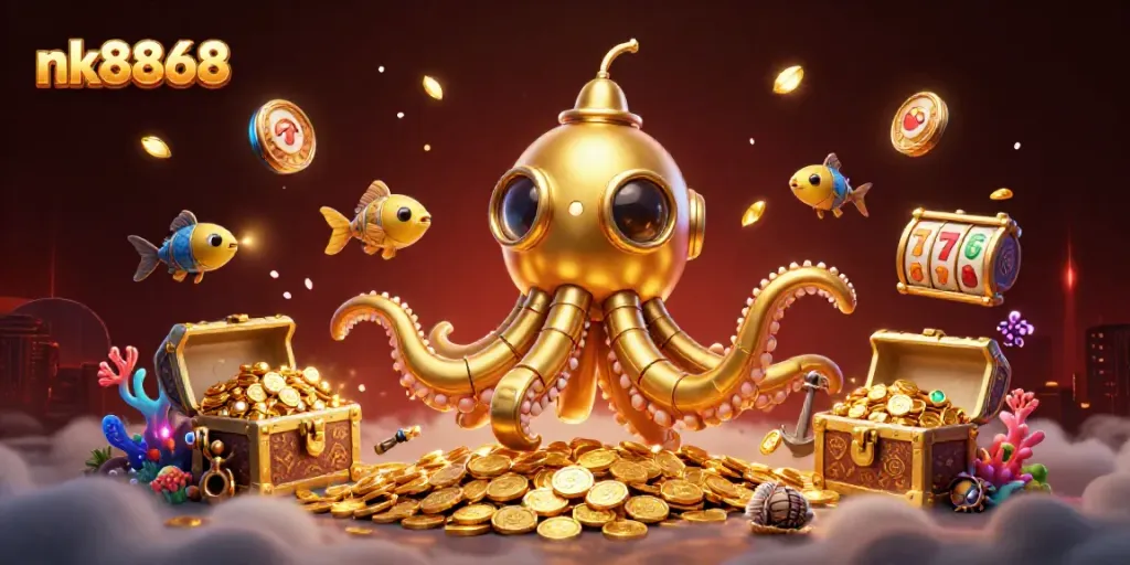 Experience the thrill of nk8868 with a golden kraken submarine amidst explosive treasures and vibrant slots.
