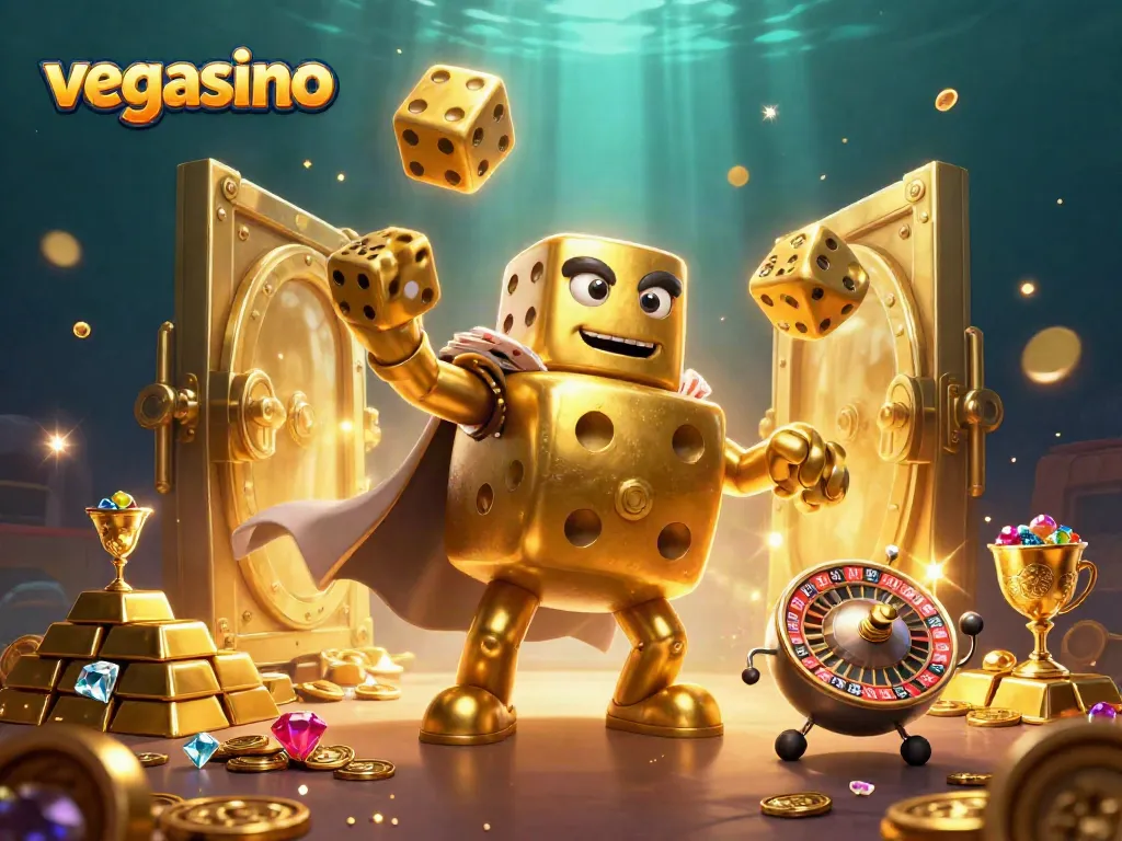 Experience the thrill of Vegasino with golden dice, treasures, and casino excitement.