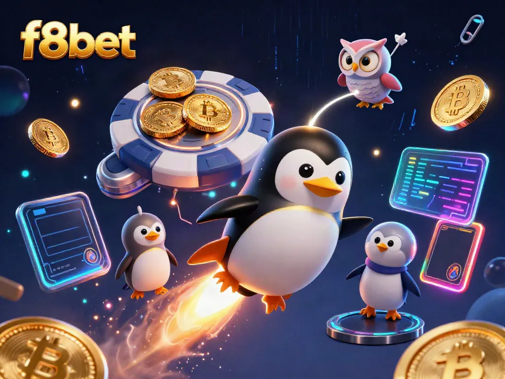 Join the f8bet penguin as it heads for exciting casino adventures through space, with vibrant crypto coins.