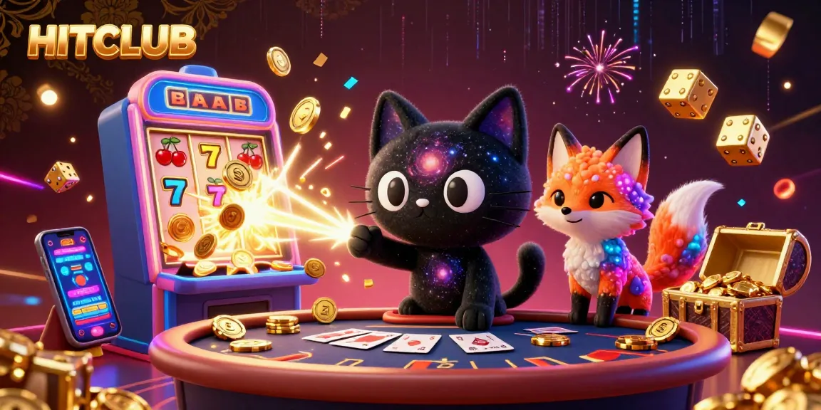 Engage in the thrilling HITCLUB experience with a cosmic casino featuring vibrant slot machines and captivating characters.