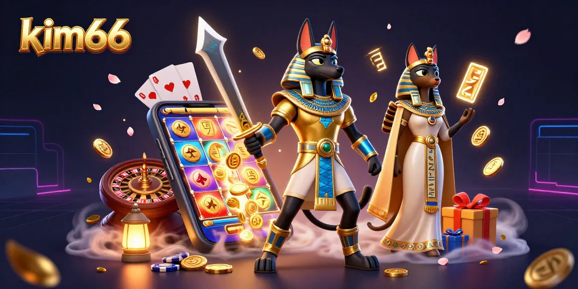 Play winning at kim66 with ancient Egyptian gaming characters and vibrant elements in a casino-themed scene.