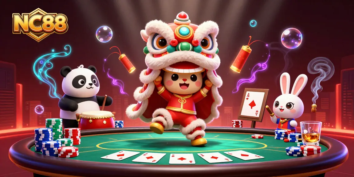 Experience exciting gaming at NC88 with a vibrant 3D lion dance and poker scene.