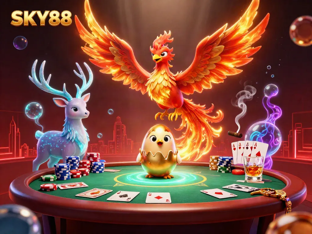 Engage in the thrilling world of SKY88 with a breathtaking 3D illustration featuring a fire phoenix and vibrant poker elements.