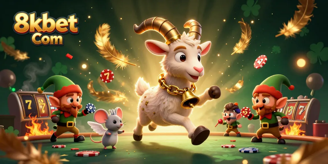 Engage with the thrilling energy of 8xbet Com's casino scene featuring festive characters and slot elements.