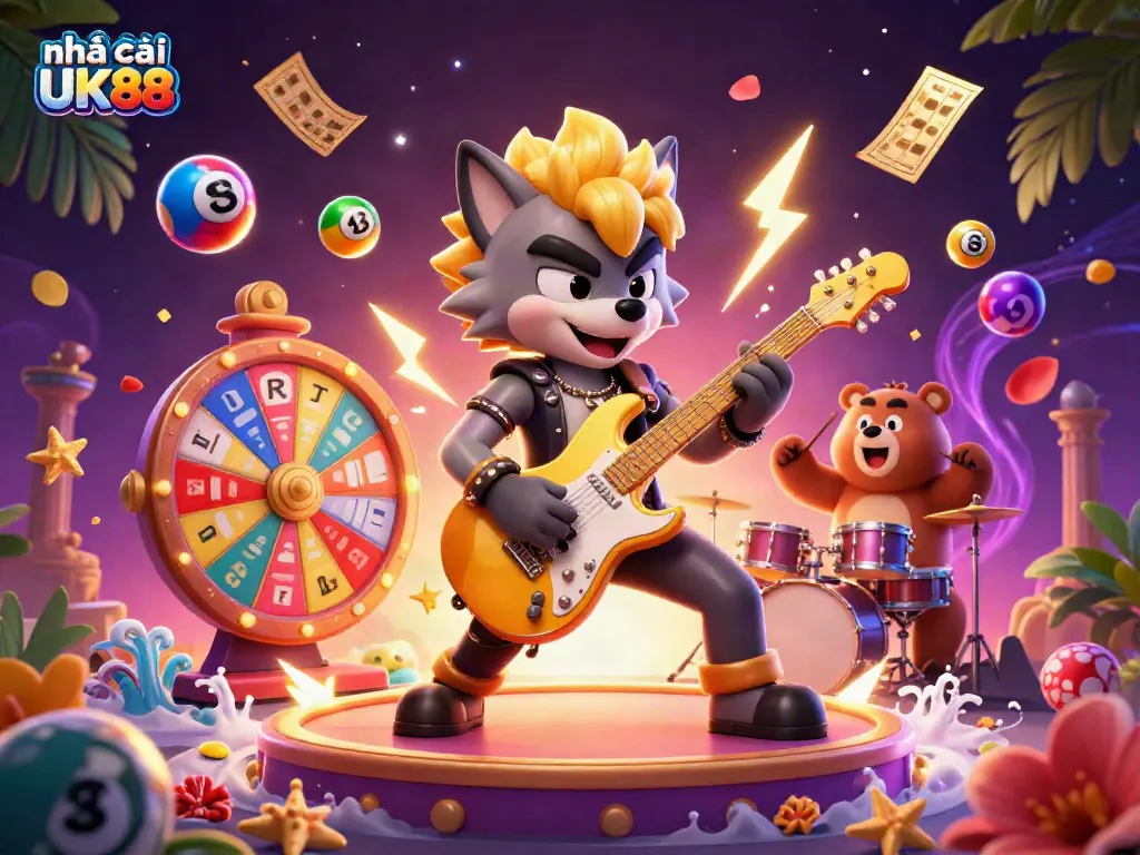 Engage with the vibrant world of nhà cái UK88 as a rock star wolf entertains on stage amid colorful lottery elements.