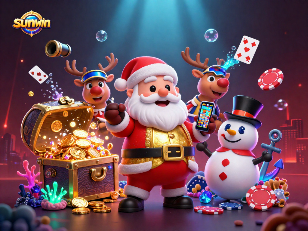 Spin the reels with sunwin in this vibrant casino scene, featuring playful characters and gaming elements.