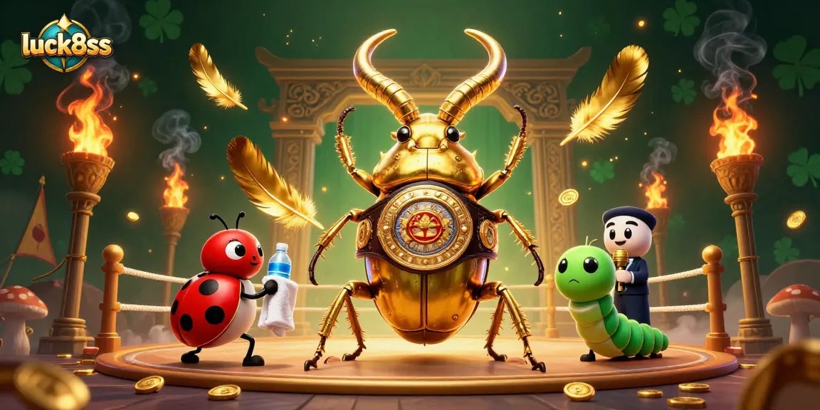Engage with luck8ss in this high-energy 3D illustration featuring a boxing stag beetle in a casino arena.