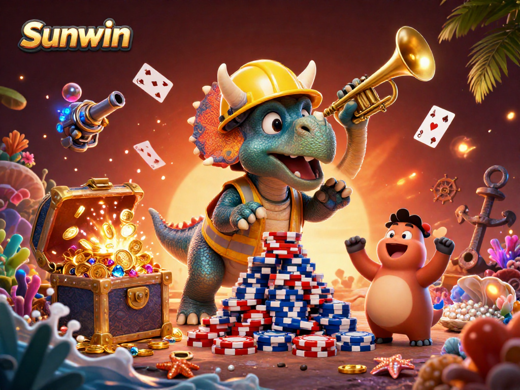 Sunwin delivers an exciting gaming experience with vibrant characters celebrating gaming wins amidst treasure and casino elements.