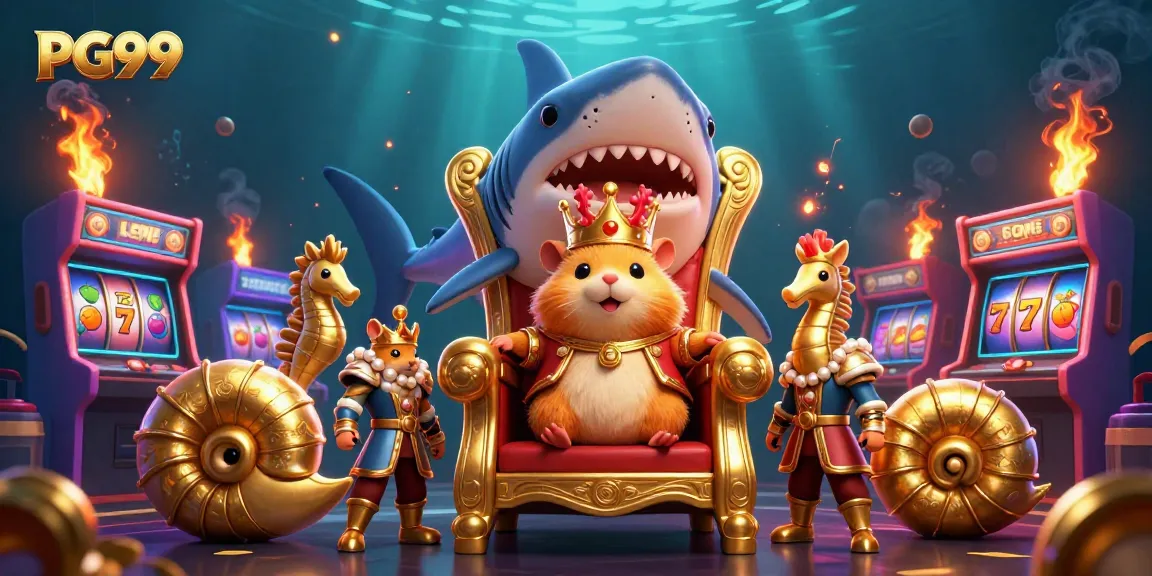 Join the excitement at PG99 with a dynamic casino scene featuring a hamster king among vibrant gaming machines.