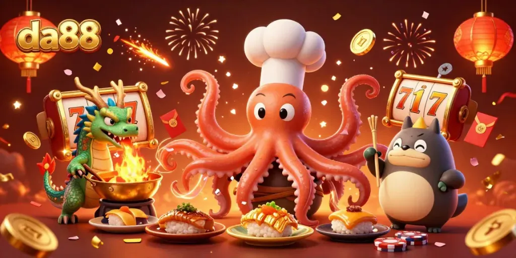 Engage with da88's exciting casino experience featuring slot reels and dynamic characters.
