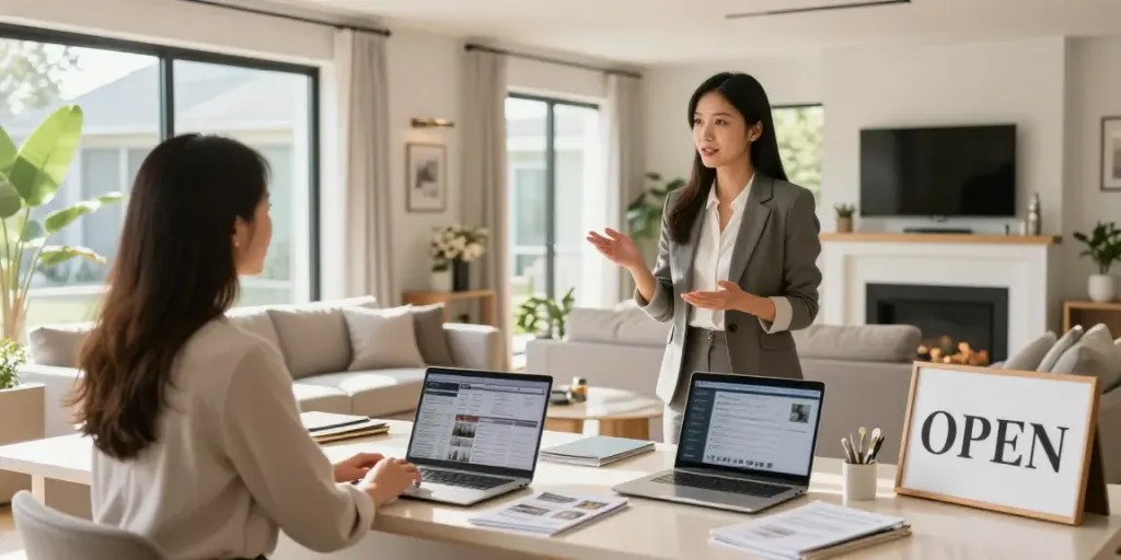 Bester Immobilienmakler Frankfurt präsentiert ein modernes Zuhause während einer Besichtigung, mit einem engagierten Makler und interessierten Käufern.
