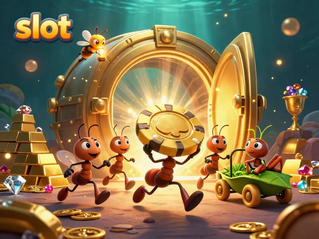 Engage with the vibrant actions of ants managing a slot heist in a dazzling digital scene.