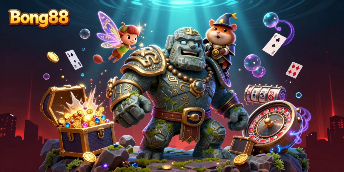 Bong88 offers thrilling gaming experiences with a vibrant 3D illustration of a magical scene featuring engaging casino elements.