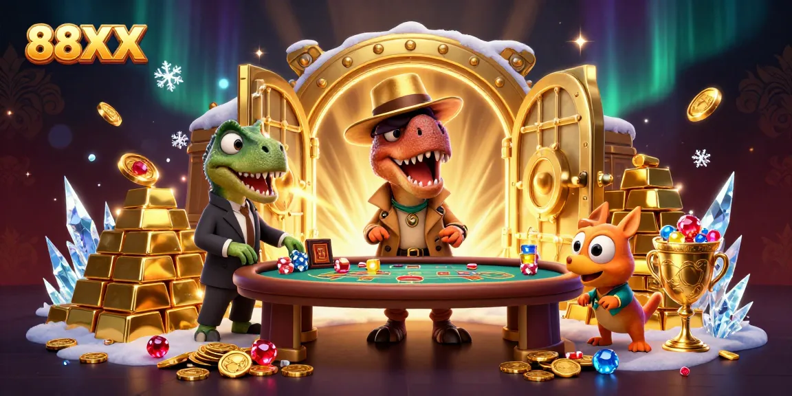 Experience thrilling gambling action with 88XX in this vibrant casino scene featuring animated characters and treasures.