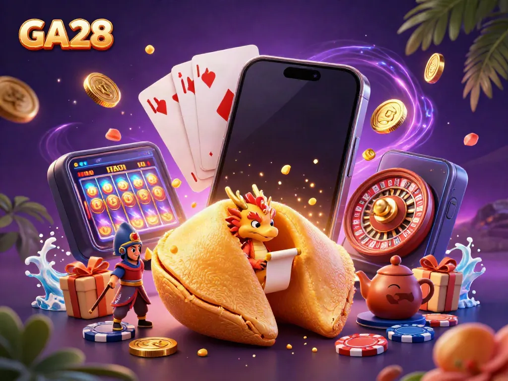 Experience gaming excitement at GA28 with fortune cookie characters, vibrant slots, and casino elements in action.