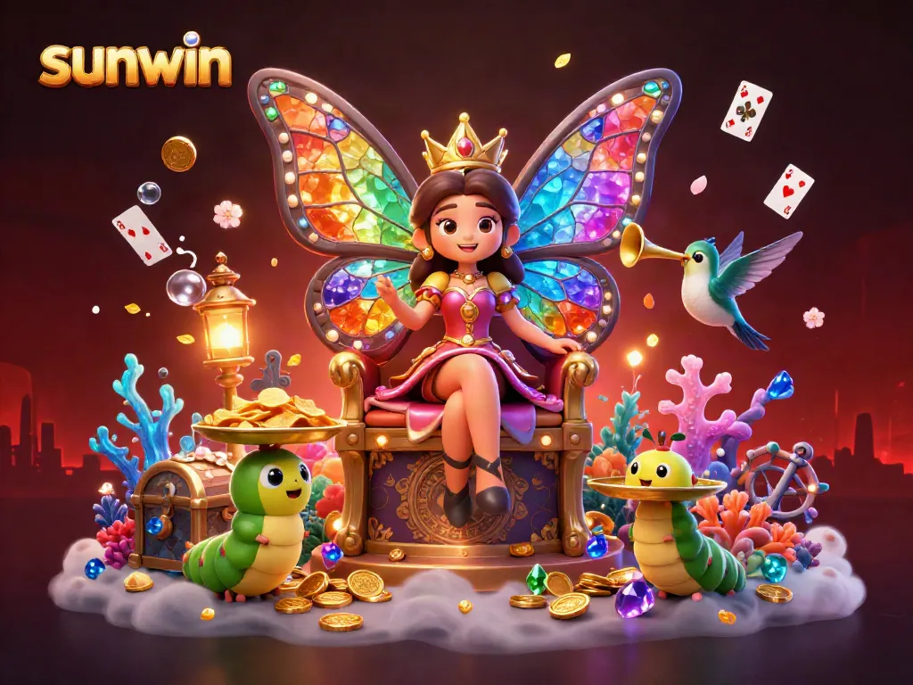 Experience sunwin's vibrant gaming scene with a colorful butterfly queen and gold treasures