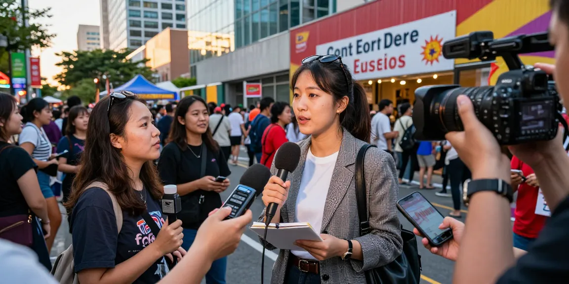 Journalist covering local news in Bochum at vibrant street event.