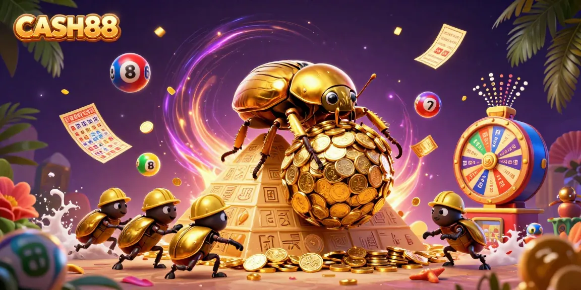 CASH88 showcases a vibrant 3D scene with golden beetles and dynamic lottery elements for thrilling gaming.