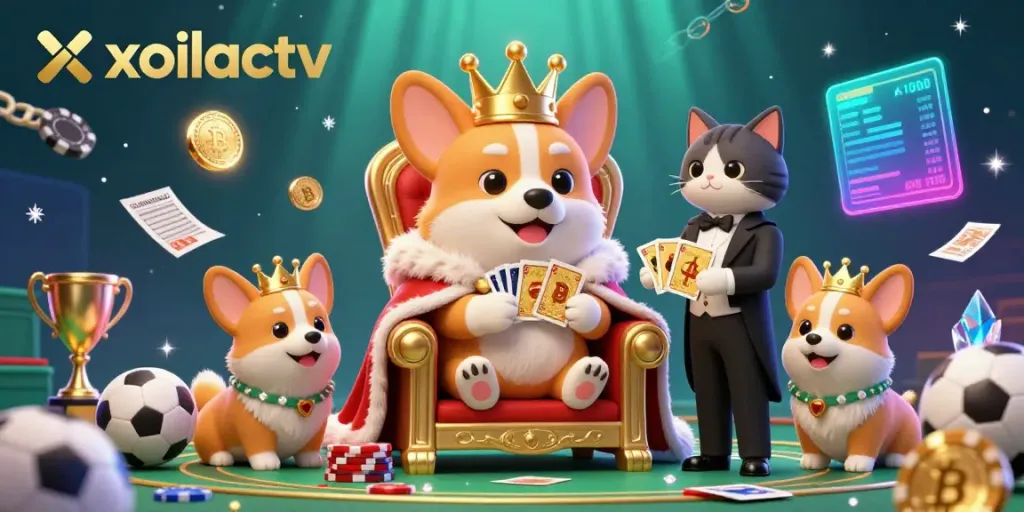 Xoilactv offers a vibrant 3D illustration featuring a royal corgi throne with betting elements for sports enthusiasts.