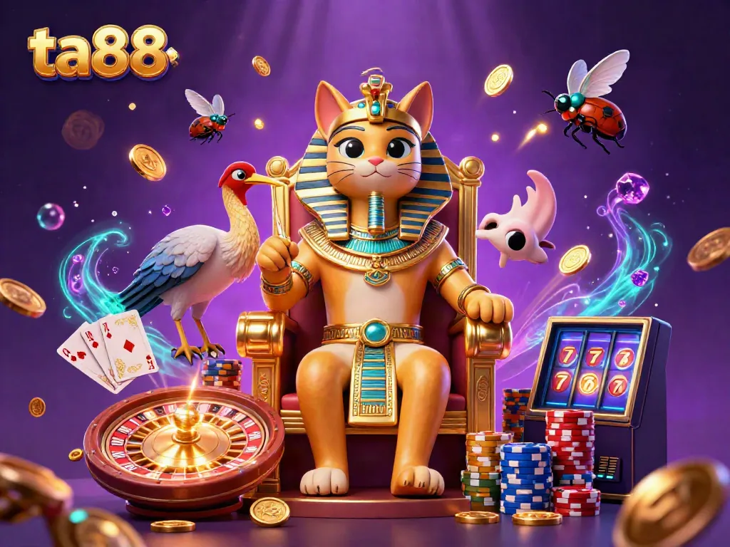Win big with ta88 at this vibrant casino scene featuring a cartoon pharaoh cat and game elements.