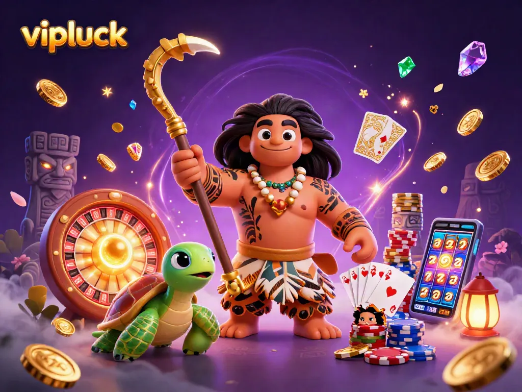 Spin and win at vipluck with vibrant casino elements featuring hawk and turtle characters.